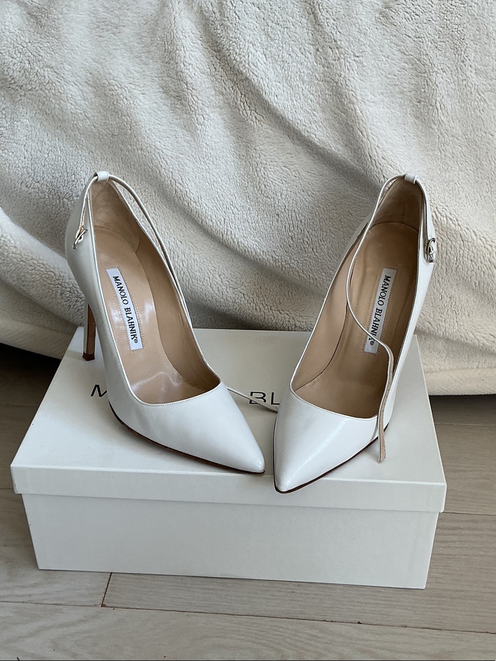 Manolo Blahnik White Pointed-Toe Ankle-Strap Stiletto Pumps